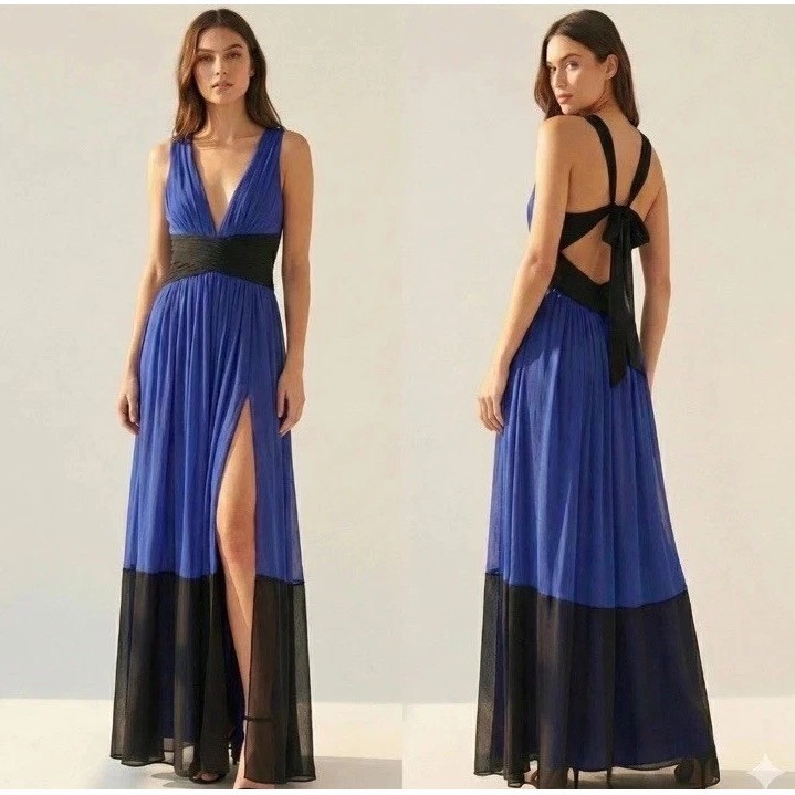 Bcbgmaxazria Catarina Silk Chiffon Colorblock Maxi Evening Gown Open Back Bow 6